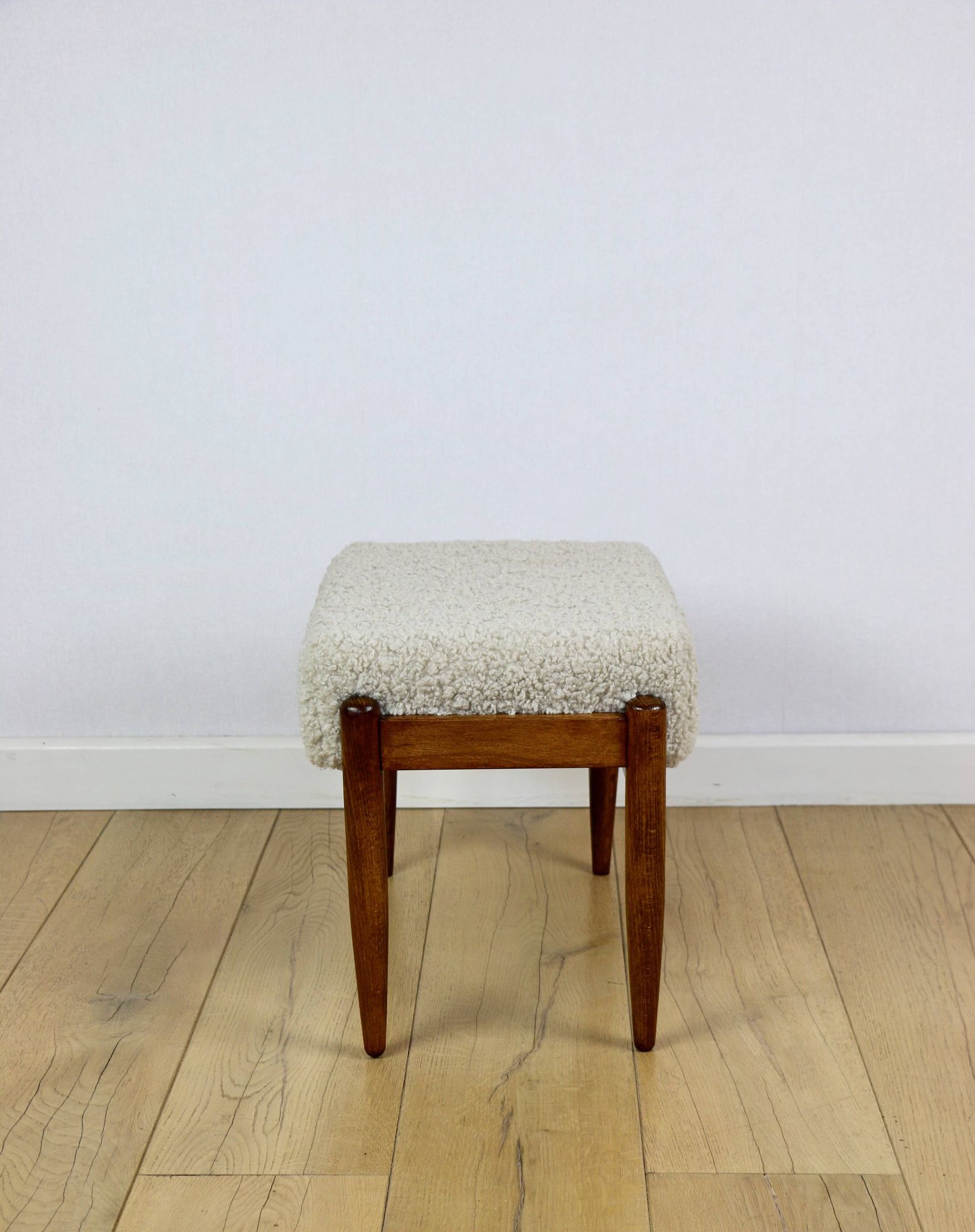 Edmund Homa stool, cream ivory beige boucle seat, long pile lamb