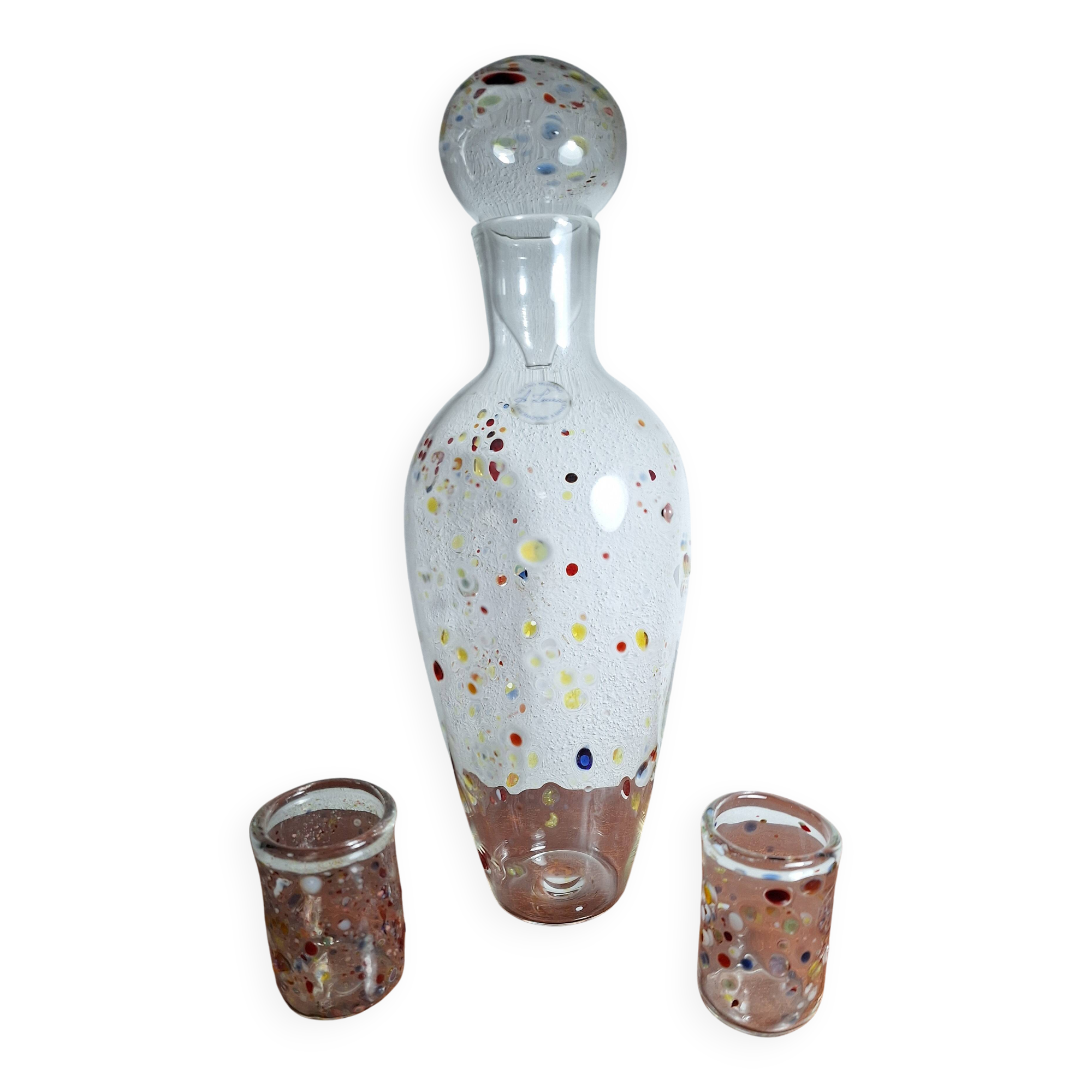 . Murano Glass Decanter with Two Glasses – Handblown Multicolor Millefiori