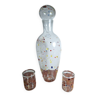 . Murano Glass Decanter with Two Glasses – Handblown Multicolor Millefiori