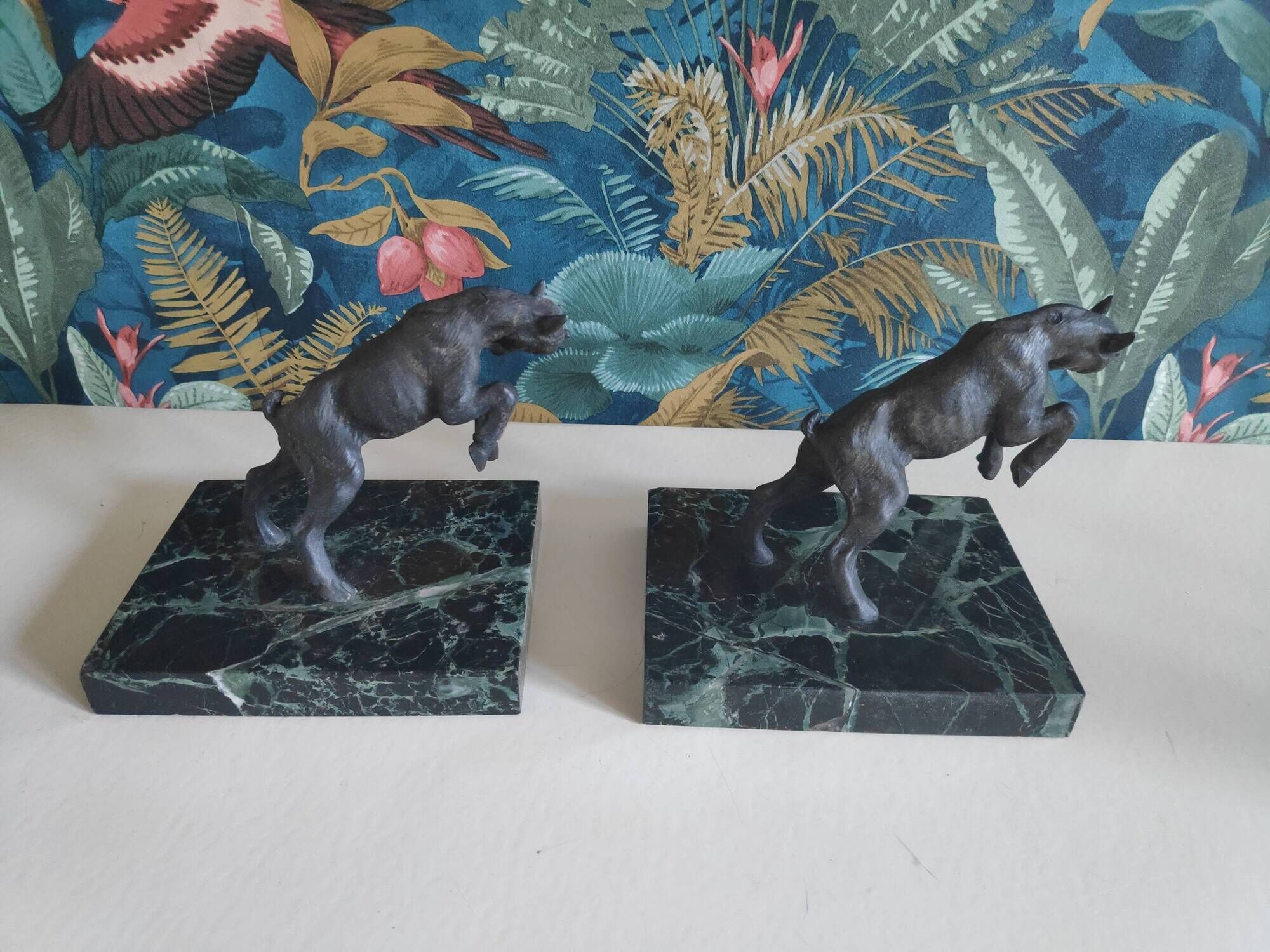 old ibex bookend, base in beautiful black marble veined green