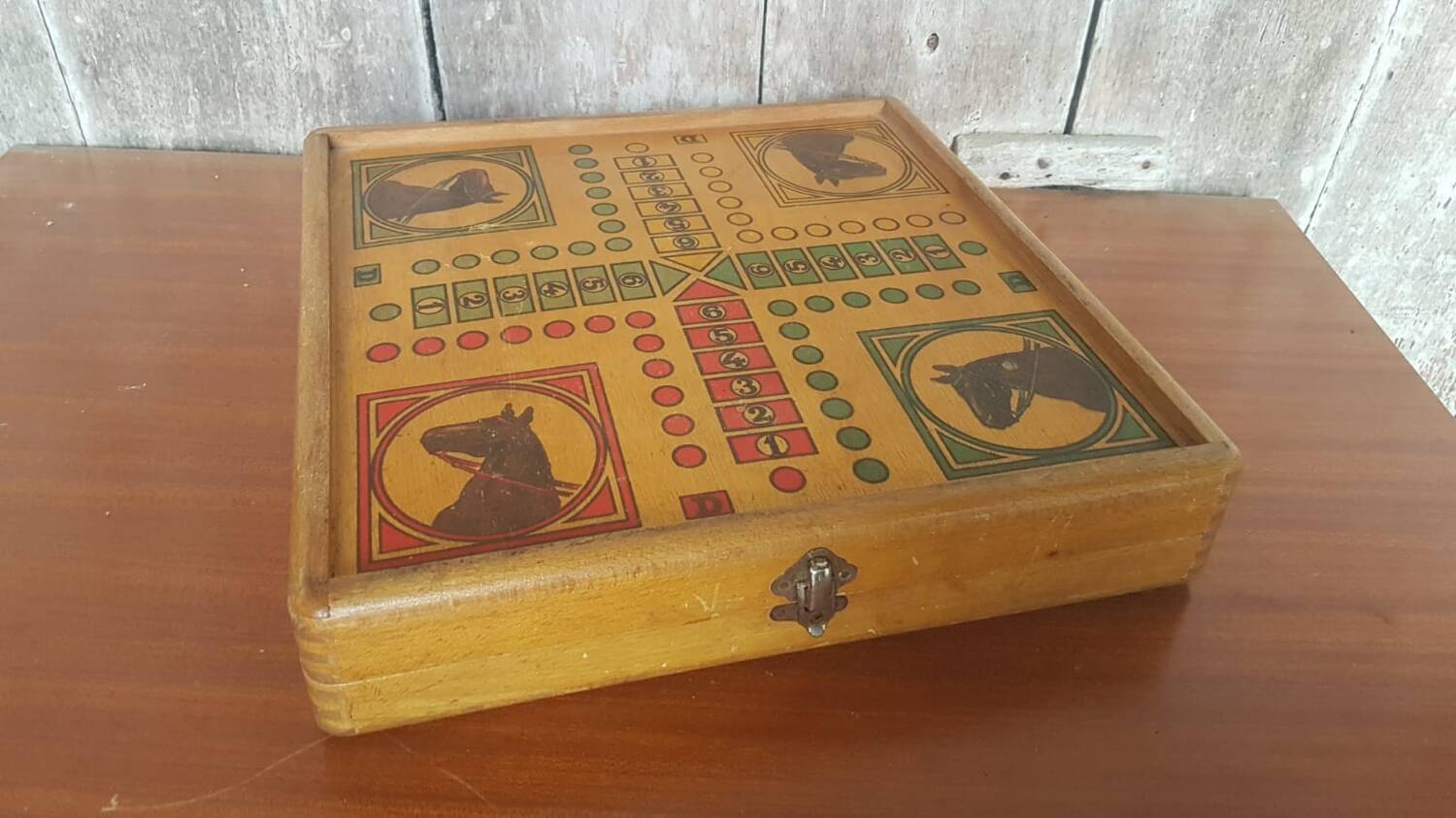 Ancien Plateau De Jeu De L’Oie Dames Petits Chevaux En Bois Vintage #A690