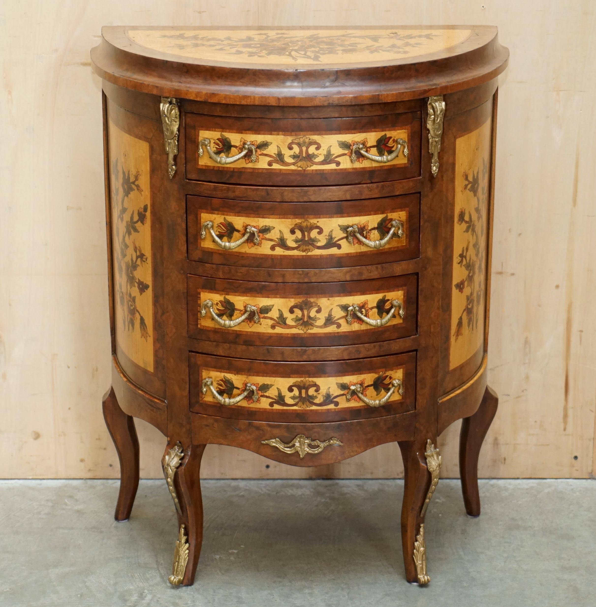 Vintage 1940s demi-lune buffet in burr walnut and satin wood.