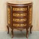 Vintage 1940s demi-lune buffet in burr walnut and satin wood.
