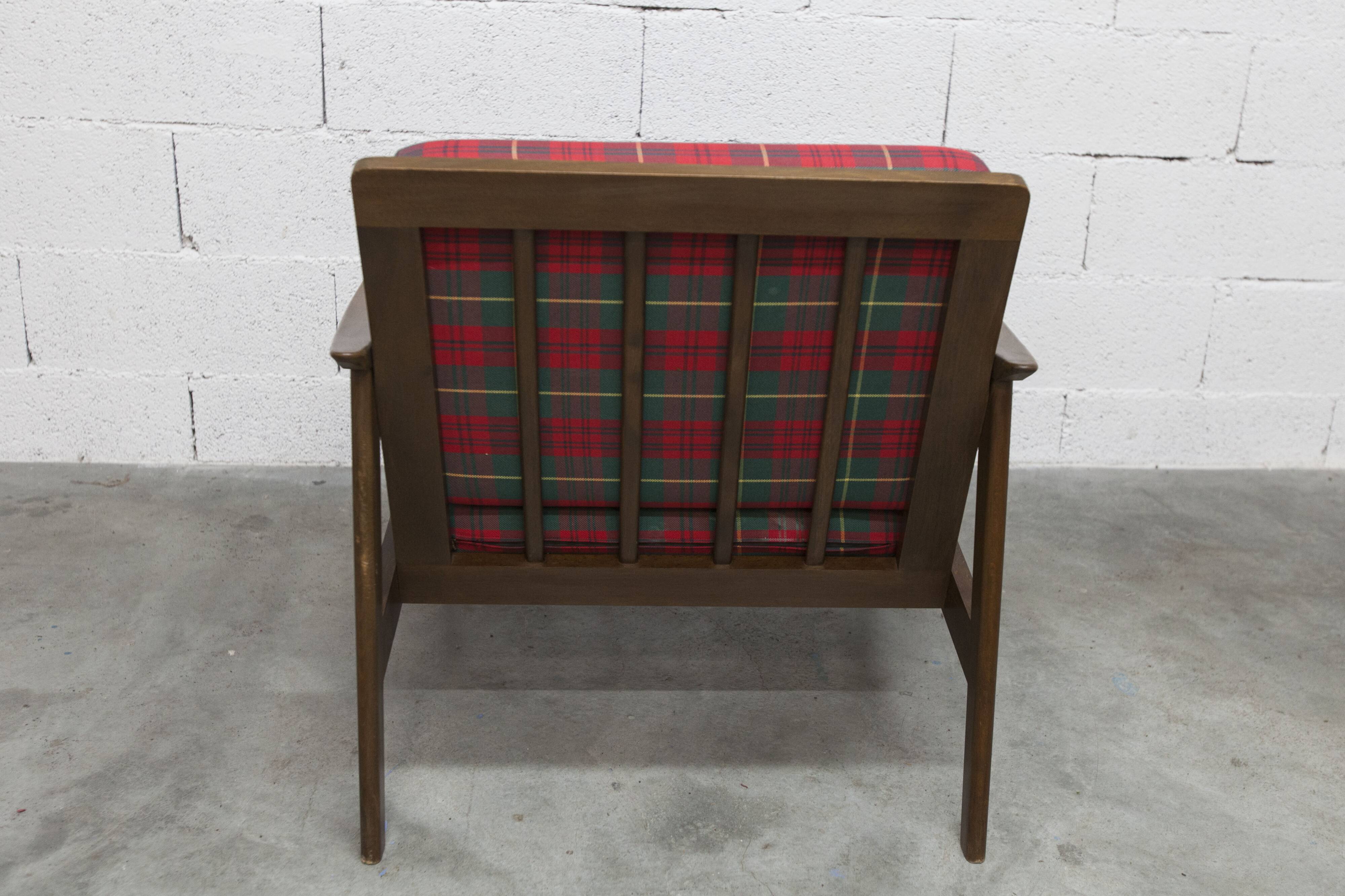 Scandinavian teak armchair, 1960s, demountable, with tartan fabric