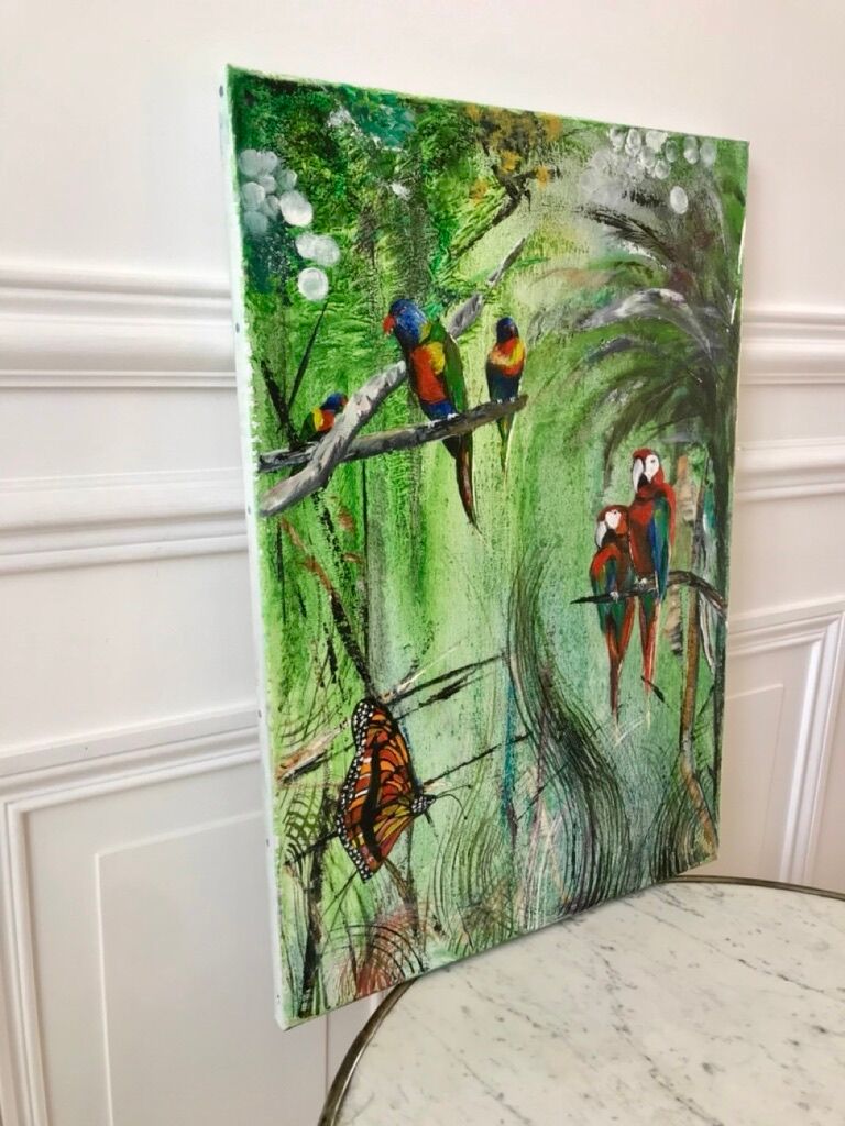 Oil painting on canvas jungle parrot signed vintage