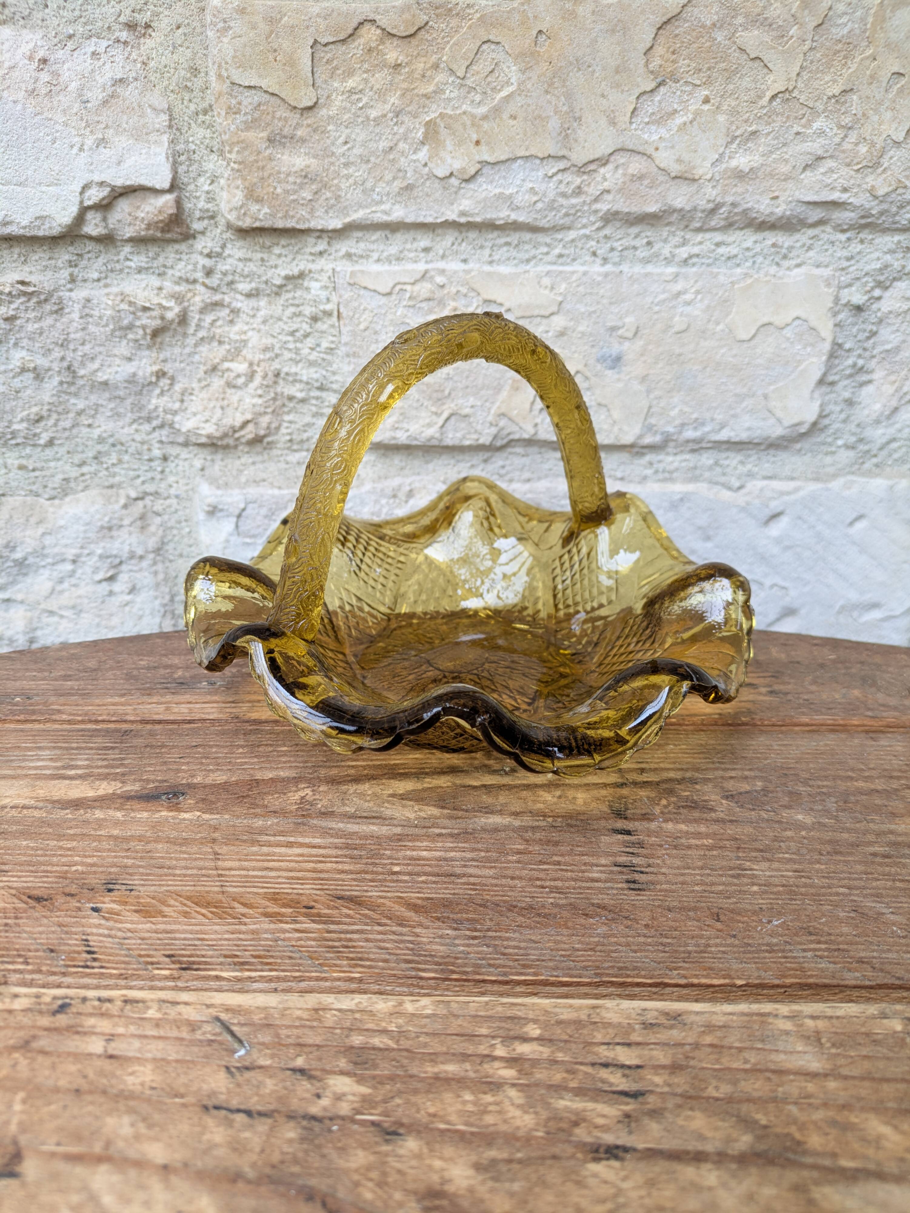 Small amber yellow glass pocket basket Portieux France