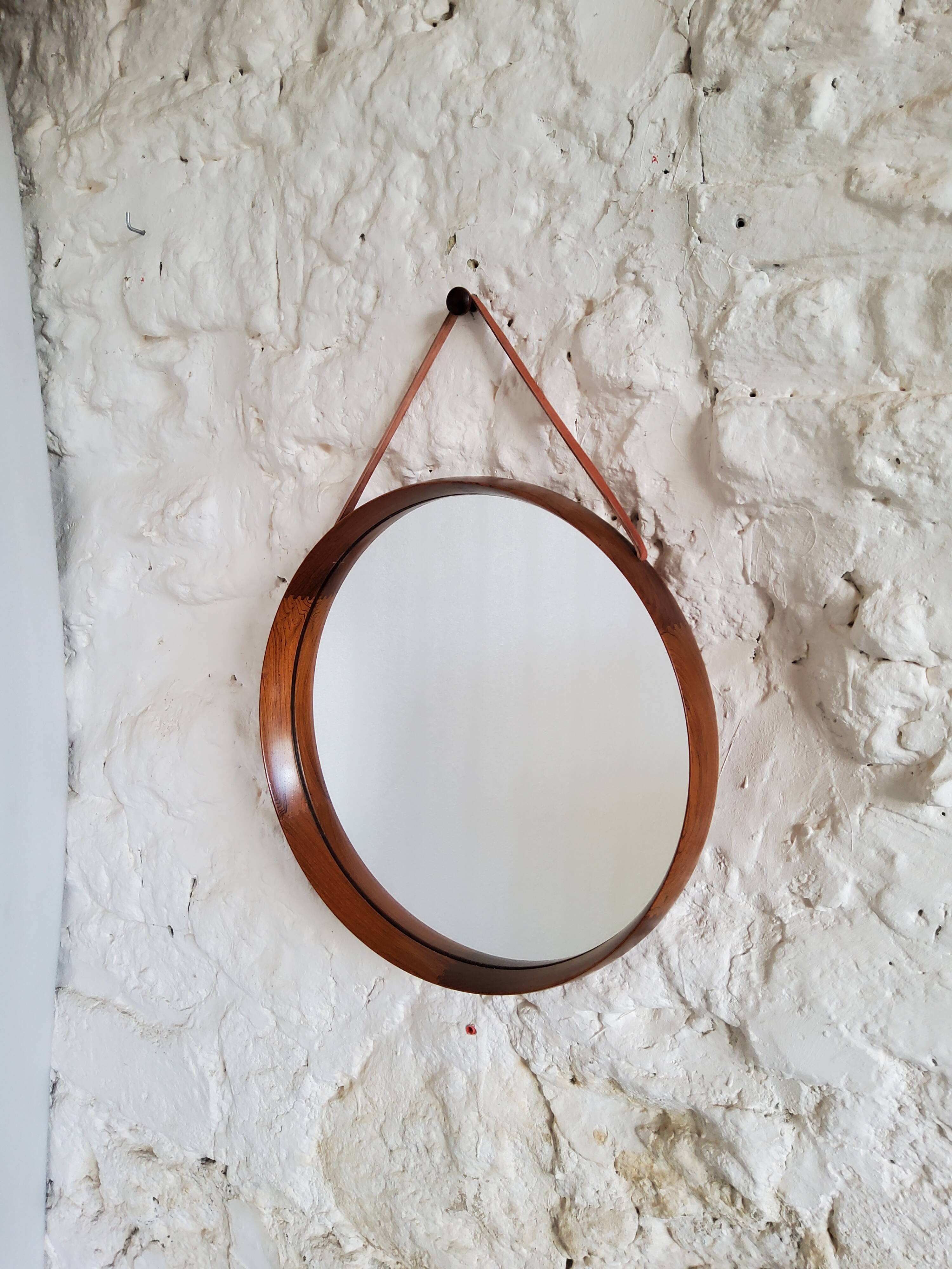 Round teak mirror Uno and Osten Kristiansson Luxus Vittsjö, Scandinavian