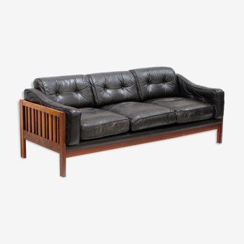 Vintage mid century black leather sofa with solid rosewood frame, 1960s