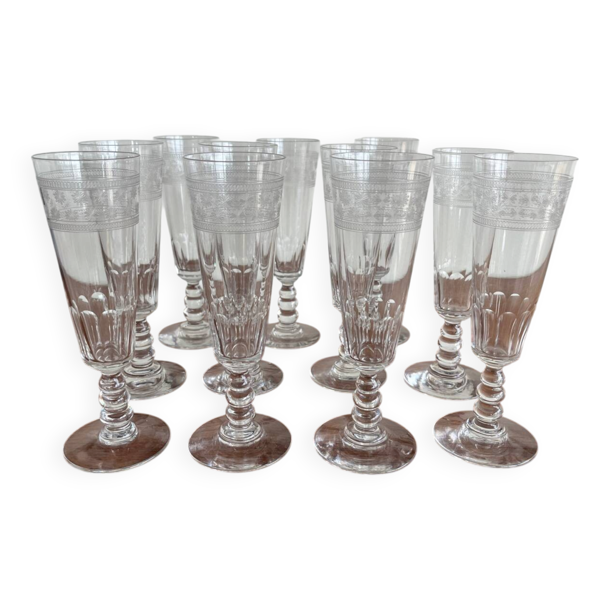 11 Baccarat Crystal Champagne Flutes, model 4770, 1907 catalogue