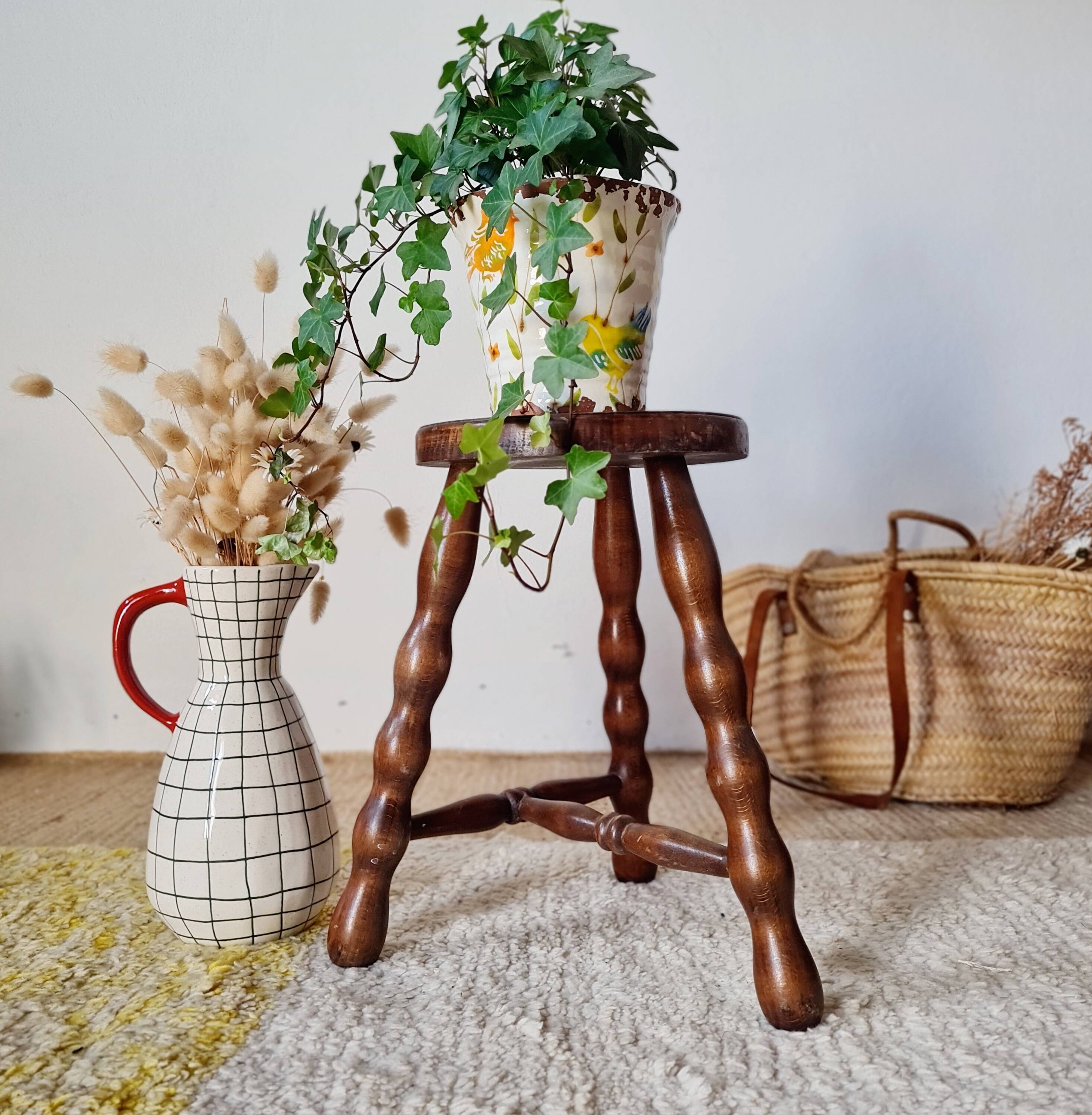 Antique wooden tripod stool - turned leg side table