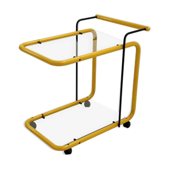 Desserte postmoderne jaune en métal et verre, 1980