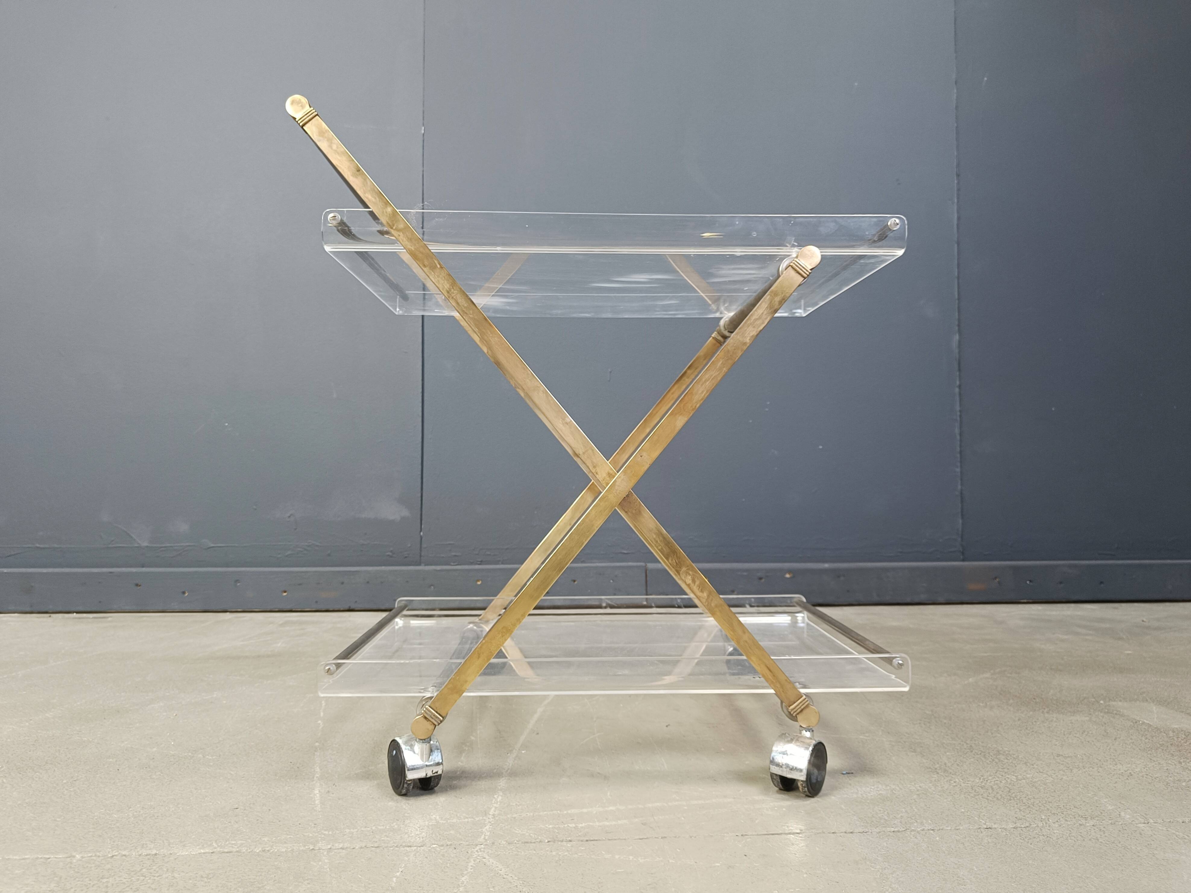 Vintage lucite and brass trolley, 1970s