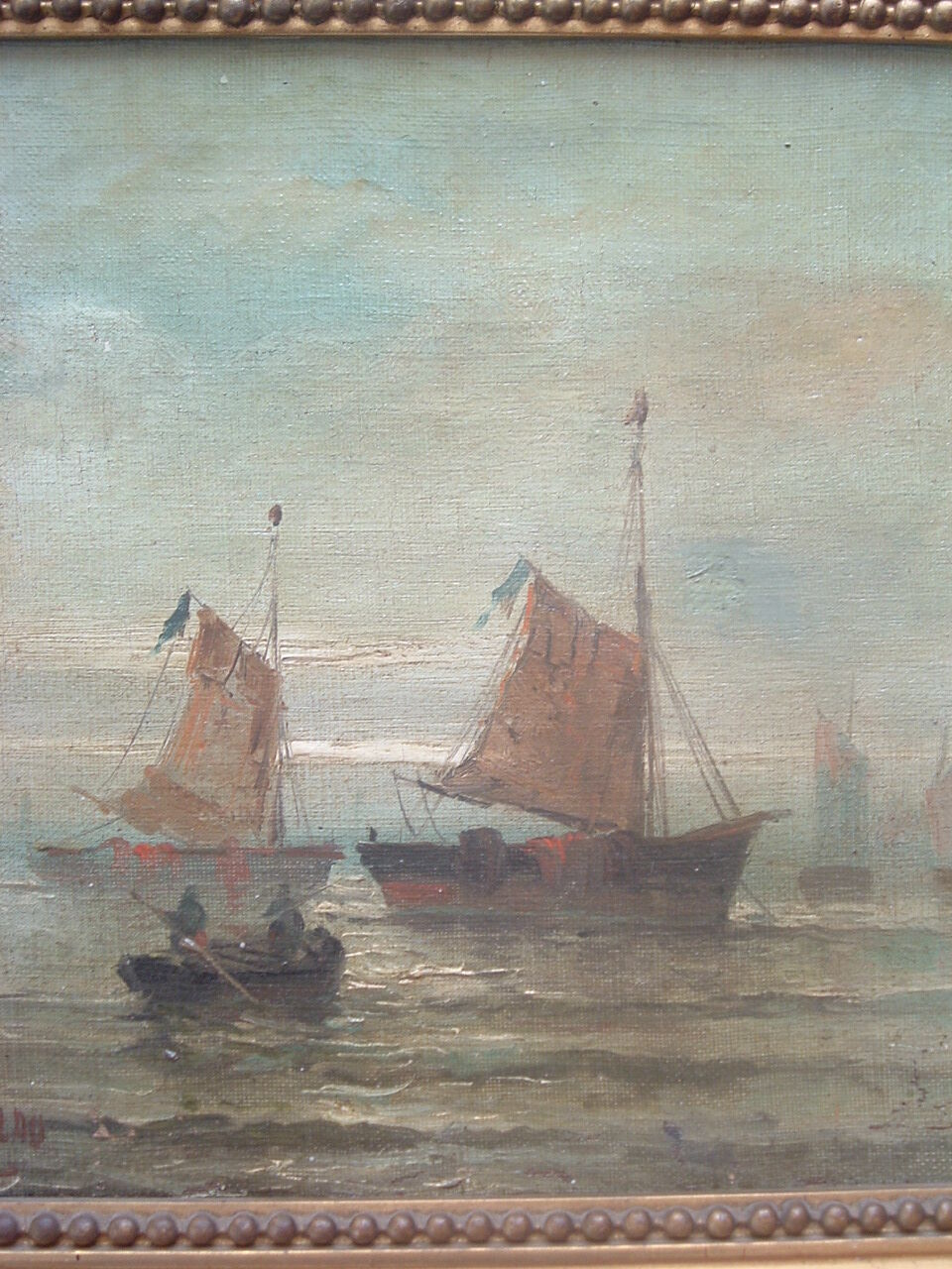 Tableau xix marine hst signée moreno, bateaux à voile barque pêcheurs, cadre peinture huile toile