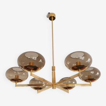 6-light chandelier by Italian designer Sciolari metal and dark smoked glass - 1970s - Vintage