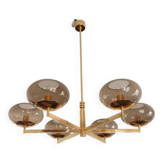 6-light chandelier by Italian designer Sciolari metal and dark smoked glass - 1970s - Vintage