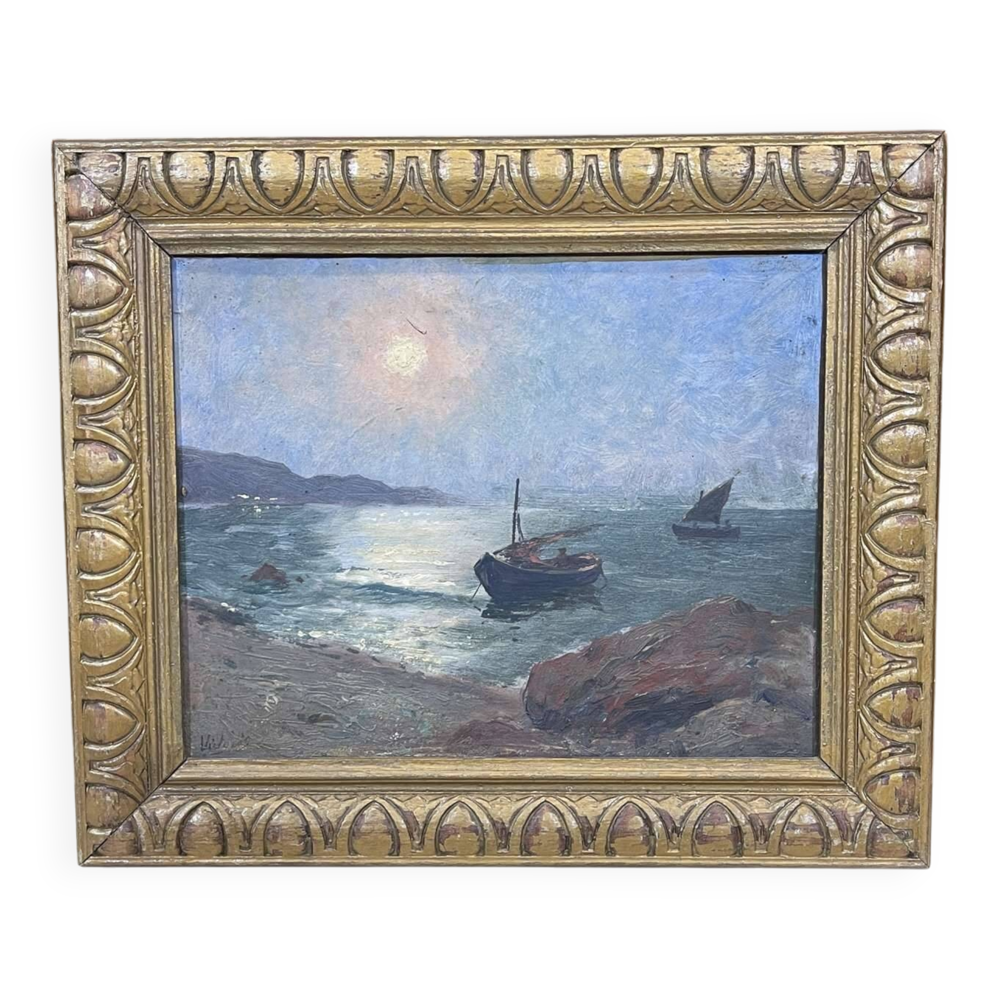 Moonrise at dusk Toulon - Oil on cardboard, signed Victorès