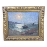 Moonrise at dusk Toulon - Oil on cardboard, signed Victorès