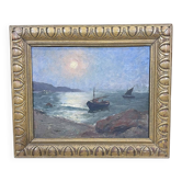 Moonrise at dusk Toulon - Oil on cardboard, signed Victorès