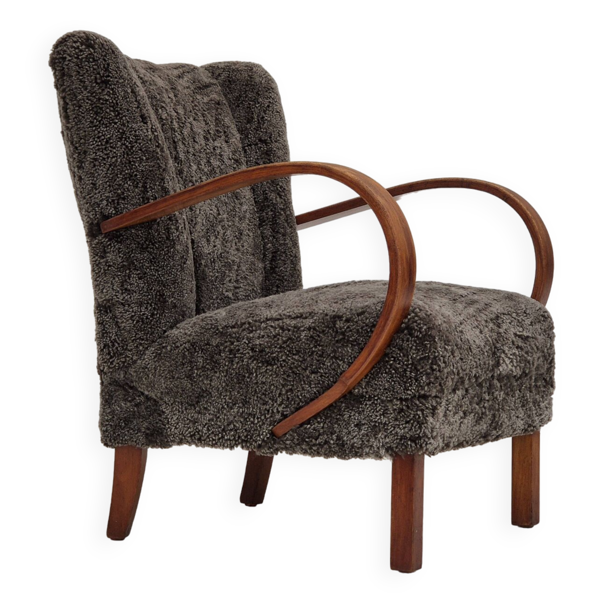 1950s, Danish design, reupholstered armchair, genuine sheepskin "Wellington".