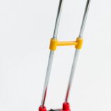 Blue-painted metal shade, chrome articulated arm desk lamp in Memphis-style 80s Pop Art with red base and yellow accents