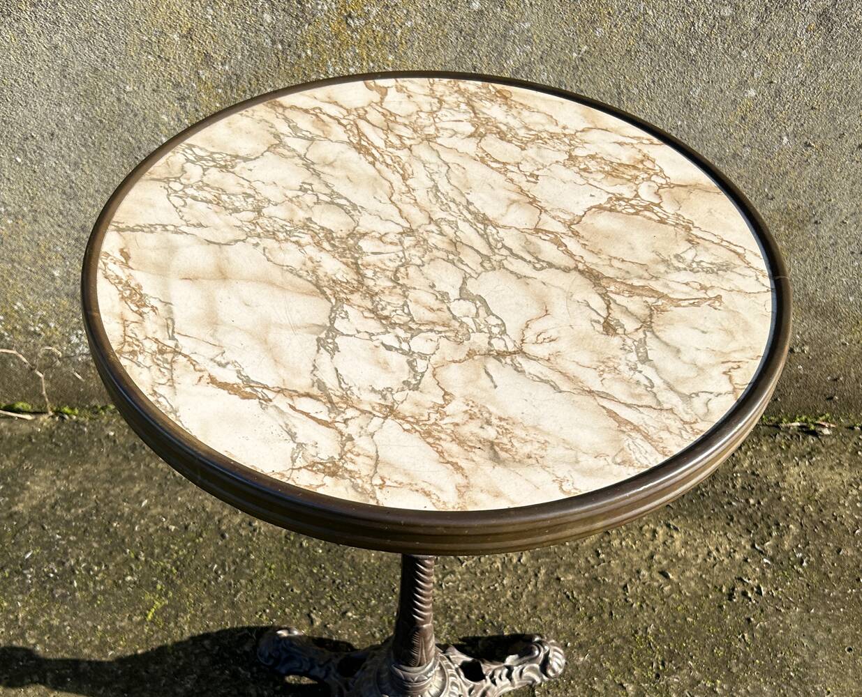 Round bistro table, cast iron base, vintage, 1940s