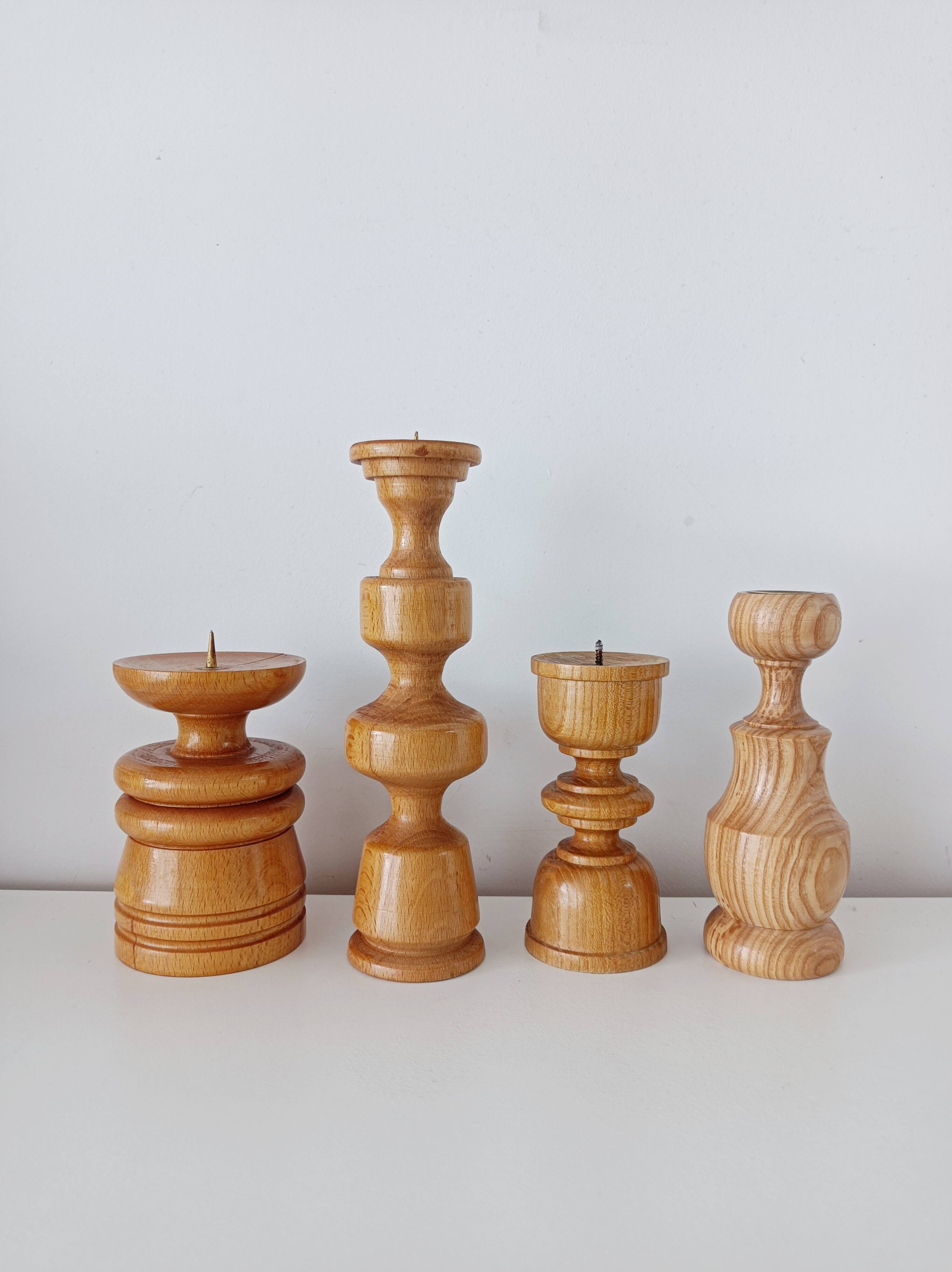 Set of 4 Scandinavian turned wooden candle holders
