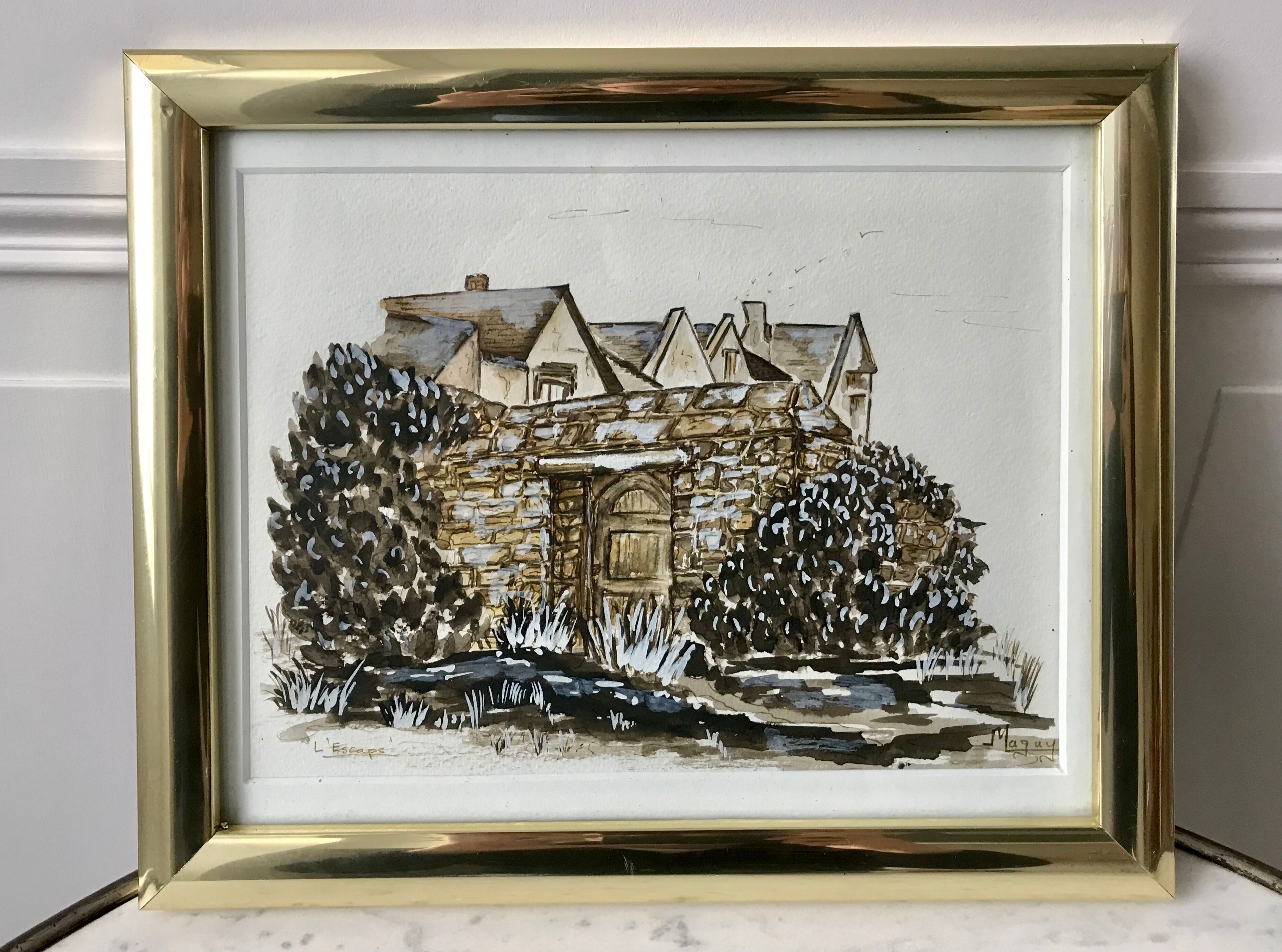 Watercolor The framed escape signed Maguy