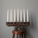Hand-carved wooden candle holder, ethnic tribal style.