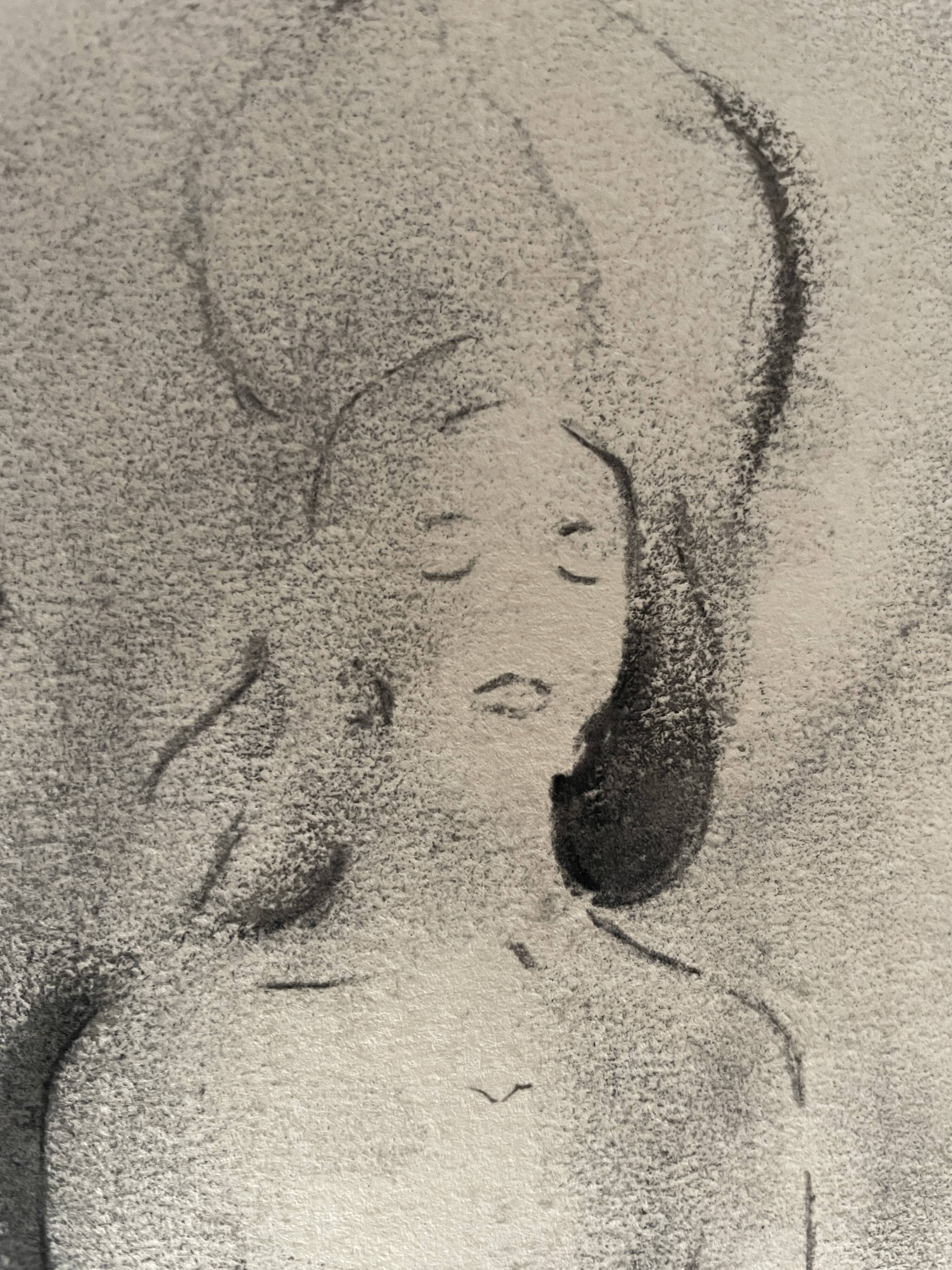 Painting signed charcoal woman buddha zen attitude
