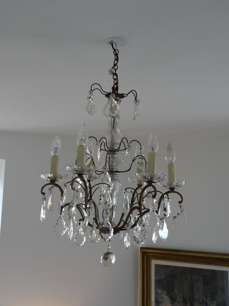 Bronze and crystal chandelier with six arms of light