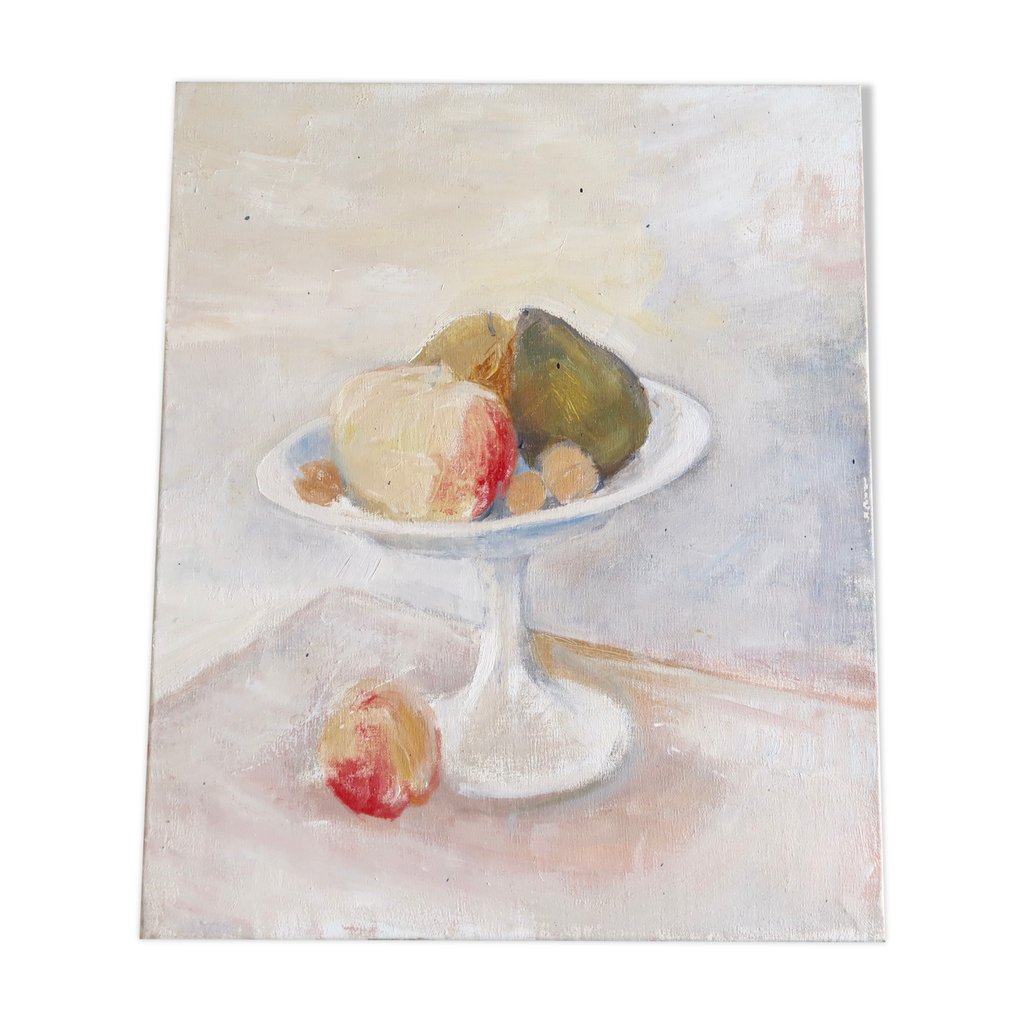Oil painting, still life, fruit and compotier, 70s