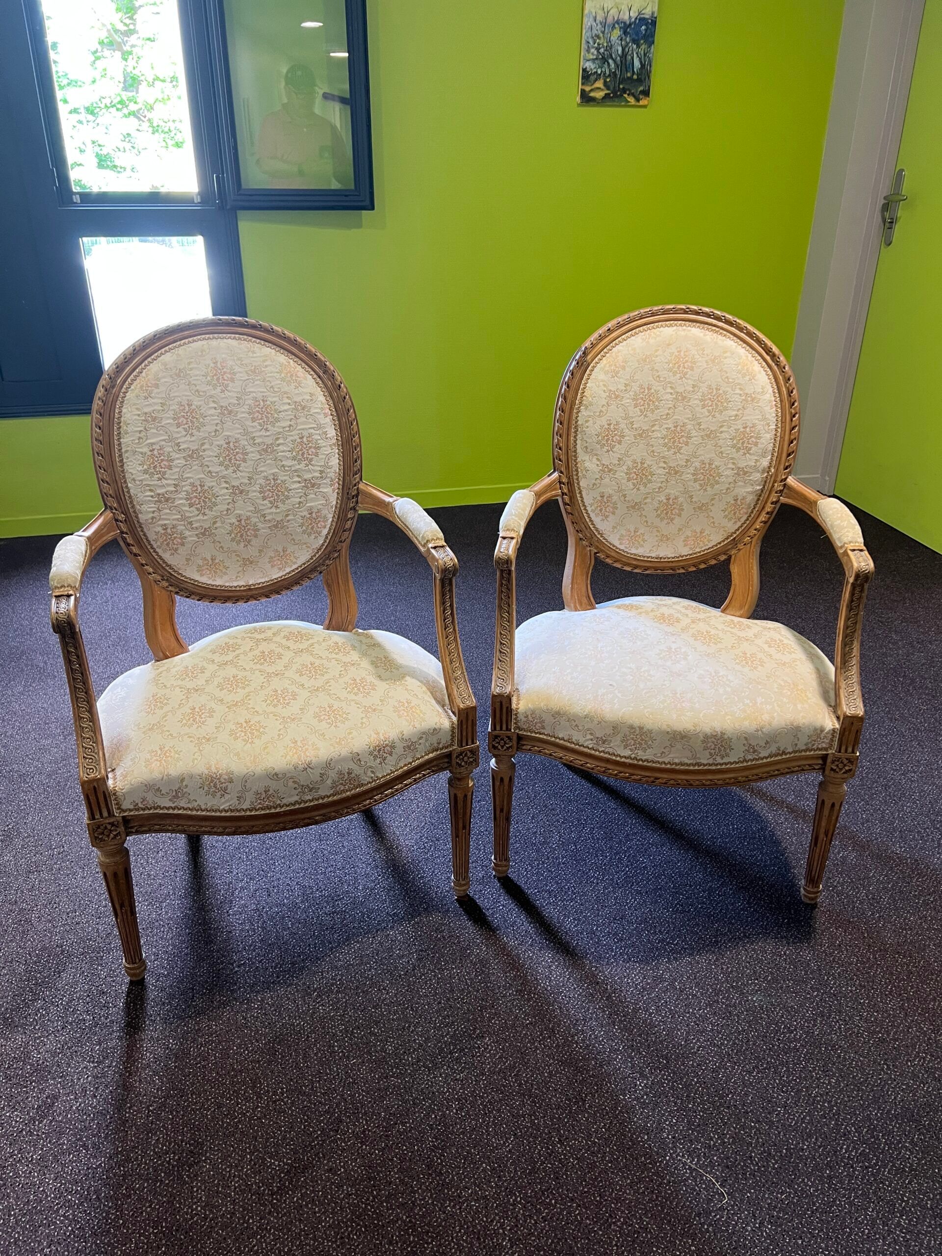 Pair of Louis XVI style armchairs, in solid walnut, re-edged and upholstered, pegged
