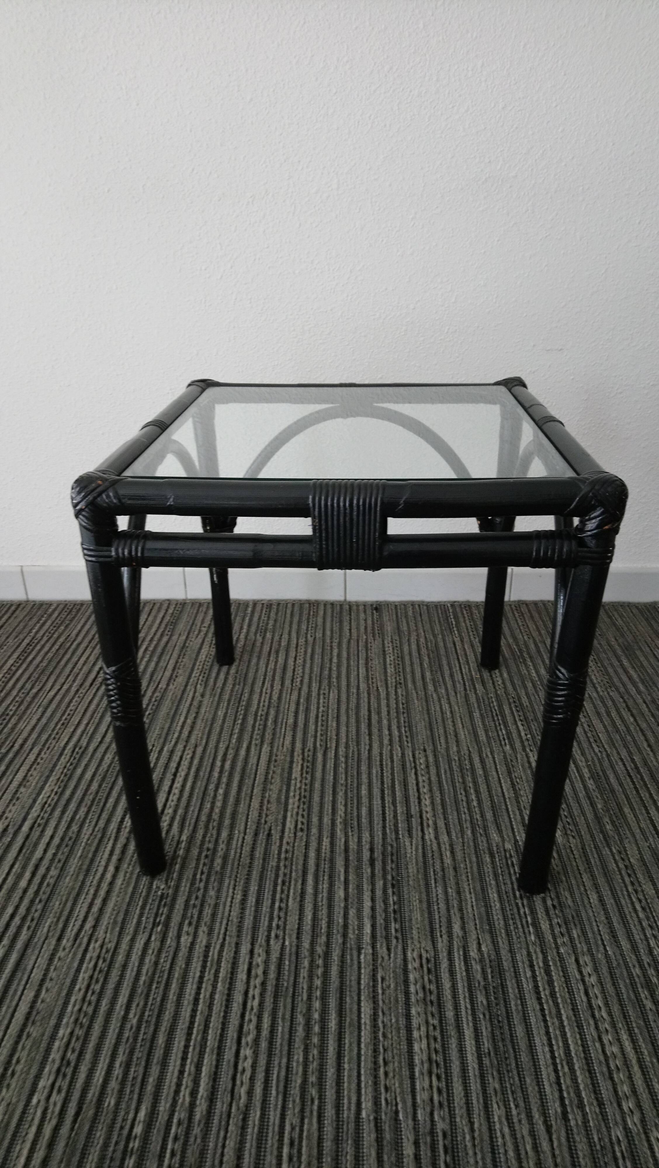 Side table in rattan bamboo and glass 70s