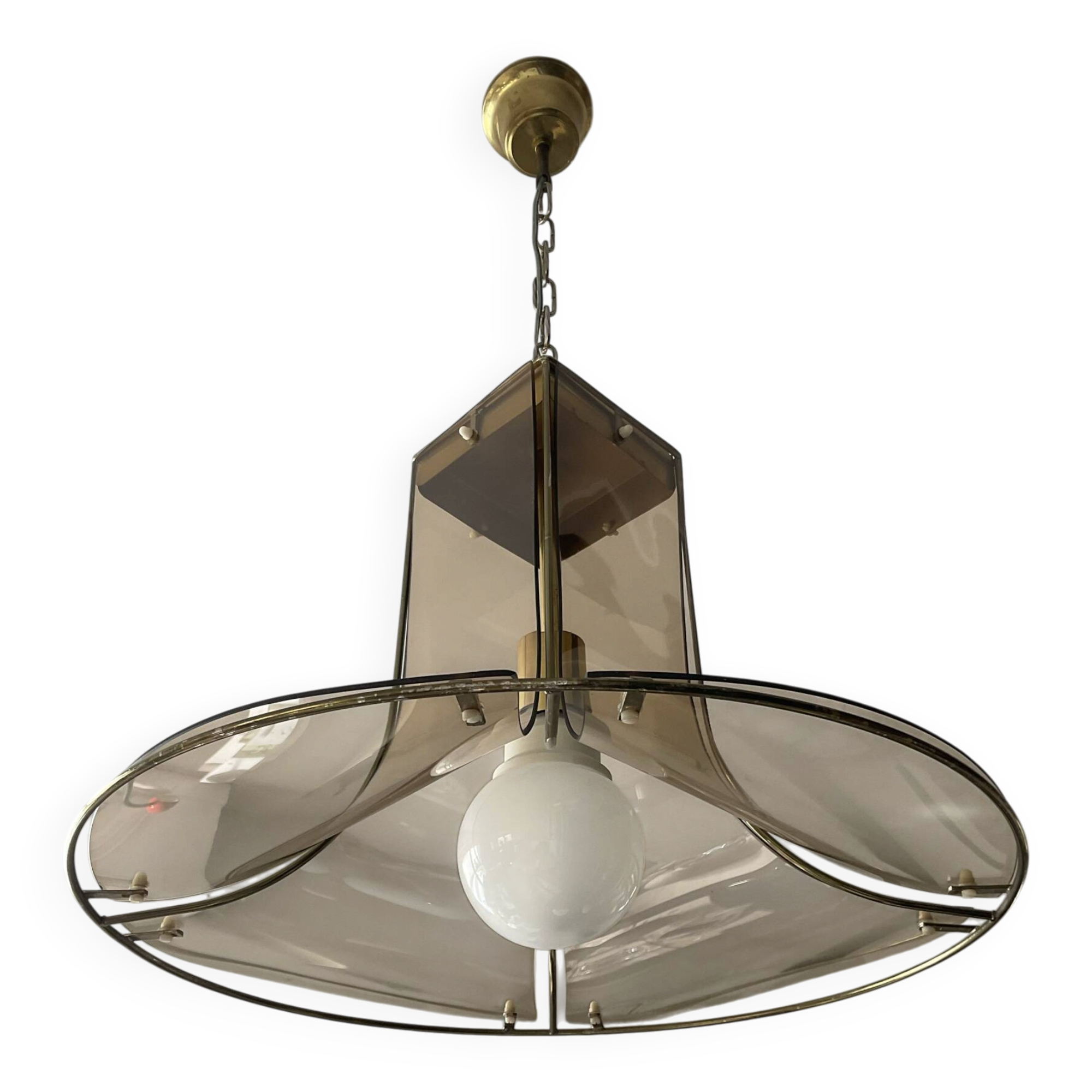 Italian suspension lamp in smoked glass and brass from the 1970s.