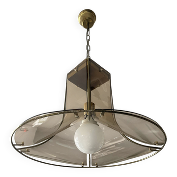 Italian suspension lamp in smoked glass and brass from the 1970s.