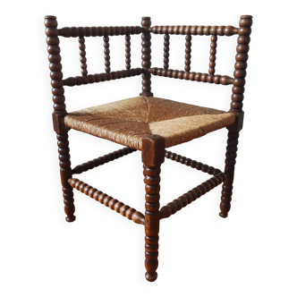 Chaise d'angle ancienne en bois tourné bobine