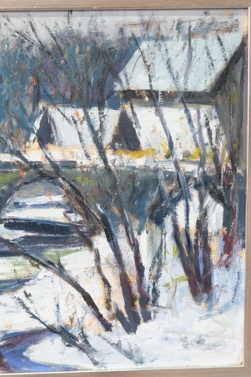 Gideon isaksson (1911-1980), scandinavian modern landscape, 1960s, oil on panel, framed