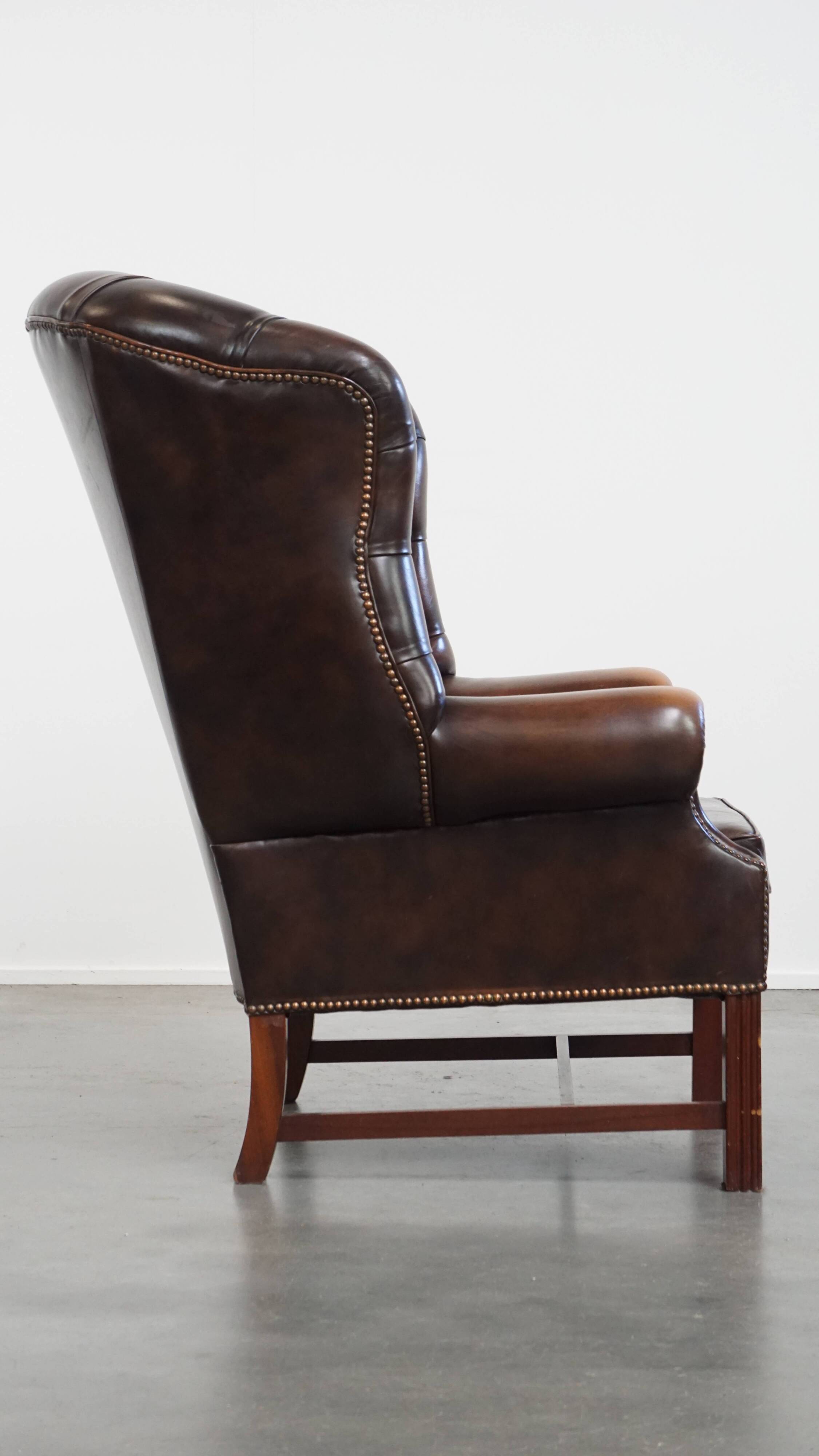 Dark Brown Cowhide  Leather Chesterfield Wingback Chair