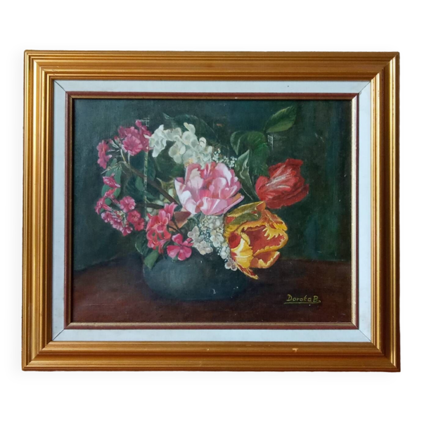 Toile, peinture fleurs et encadrement doré