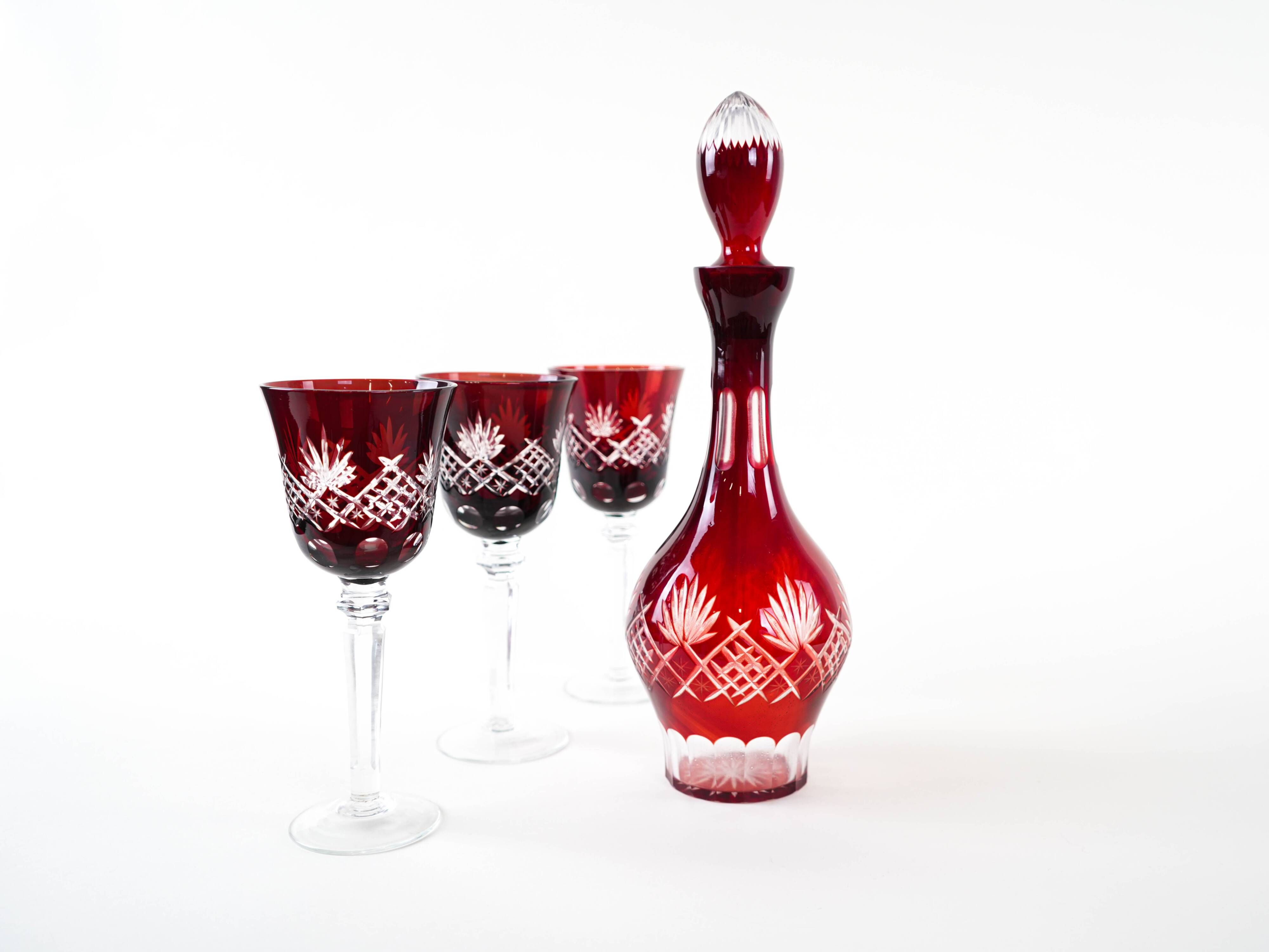 Crystal carafe with glasses in burgundy, European Art Deco style barware set