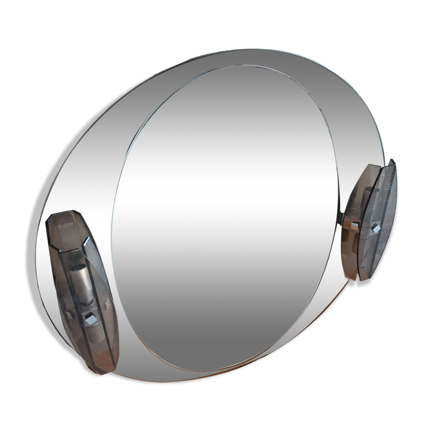 Round mirror 70s smoked glass, 2 appliques