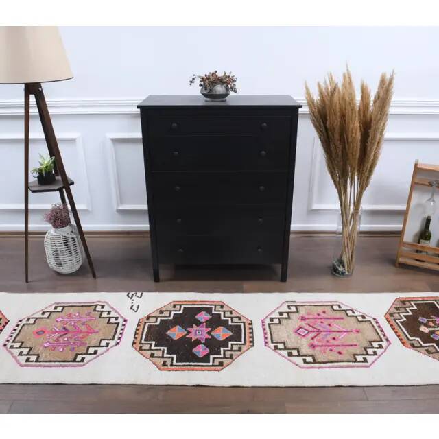 1980s Vintage Turkish Hand-Knotted Wool Cotton White Runner Rug 75x385
