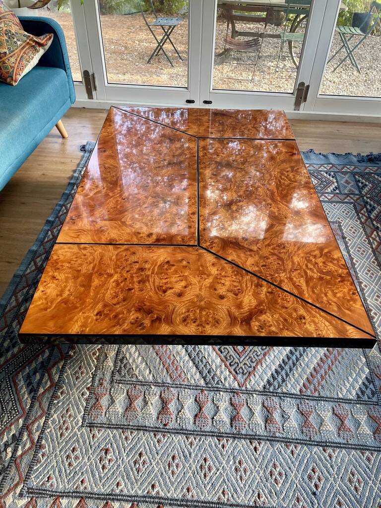 Table basse bar cocktail caché en loupe d'orme de Paul Michel, 1970 Roche Bobois