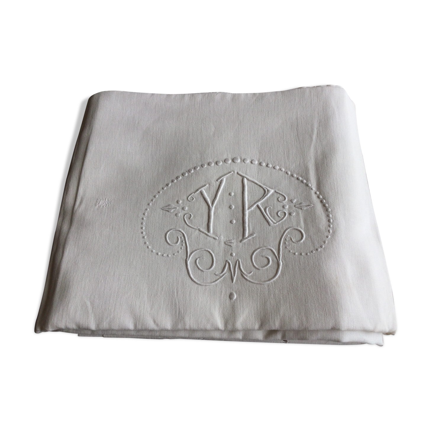 Old linen sheet embroidered with ecru-beige colors with monogram