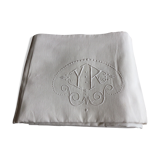 Old linen sheet embroidered with ecru-beige colors with monogram