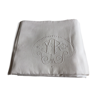 Old linen sheet embroidered with ecru-beige colors with monogram