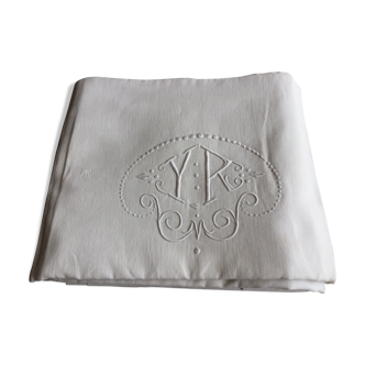 Drap ancien en lin brodé coloris écru-beige avec monogramme