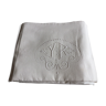 Drap ancien en lin brodé coloris écru-beige avec monogramme