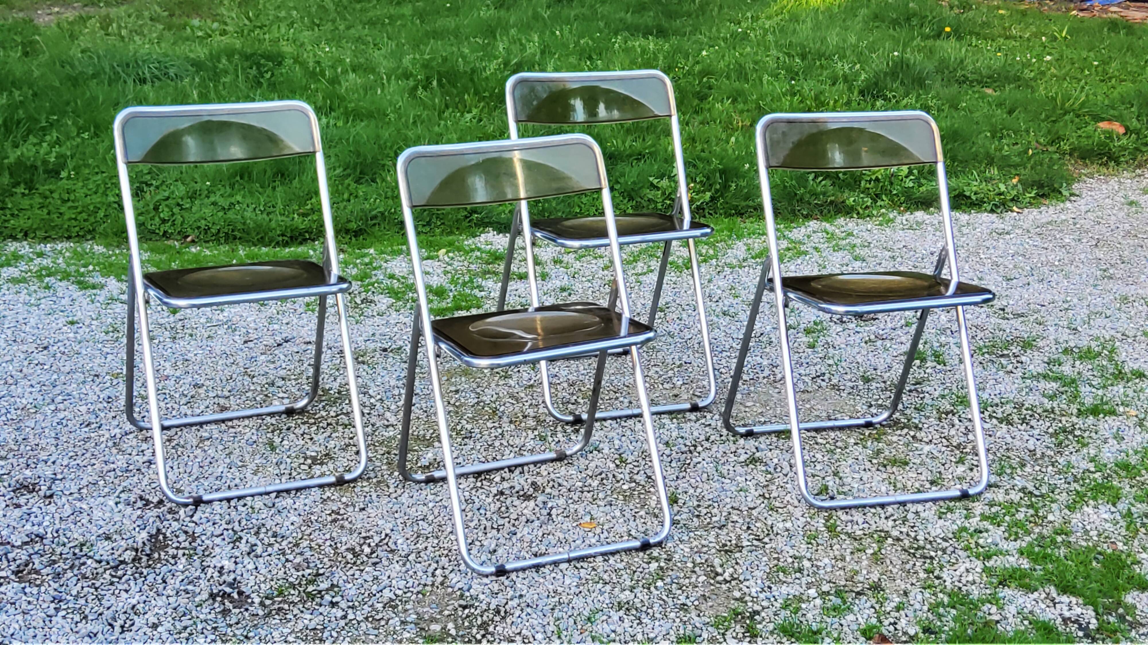Set of 4 70s design folding chairs in smoked plexiglass and chrome metal