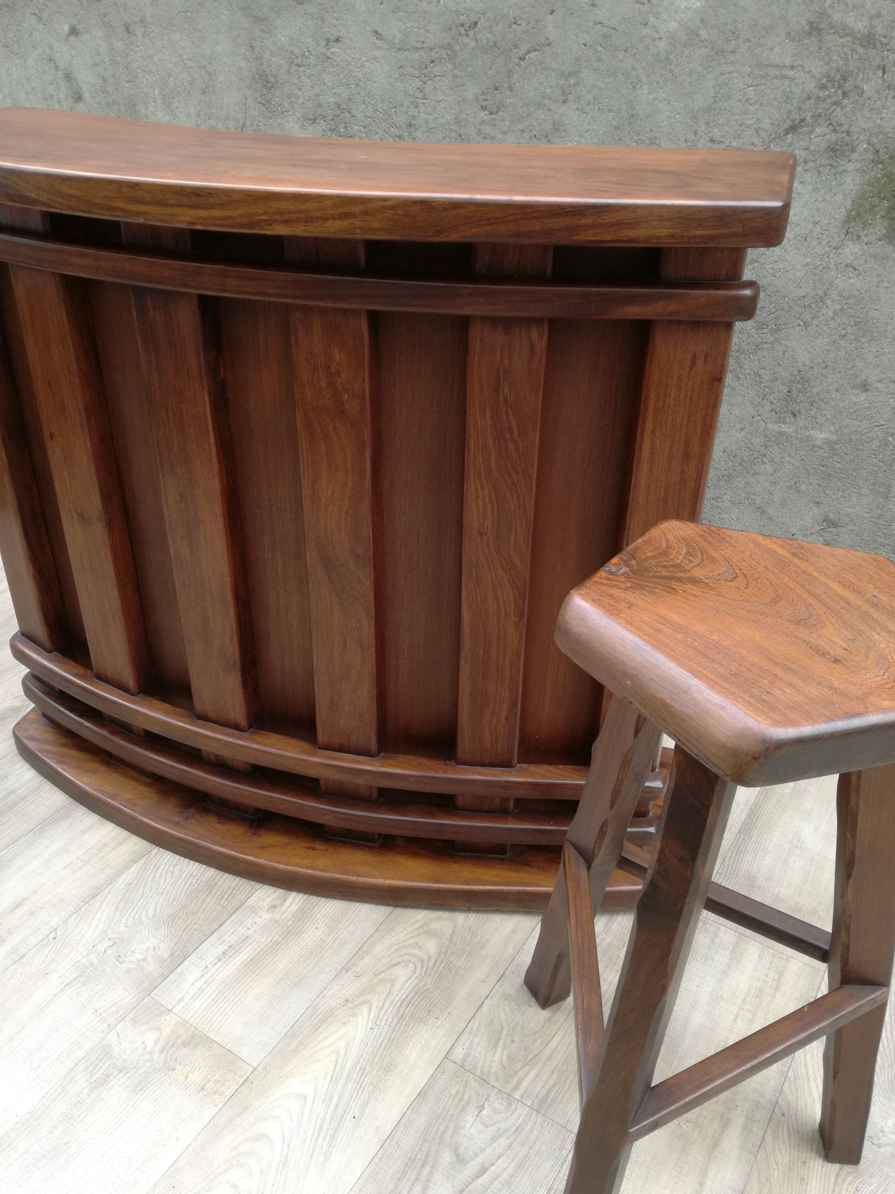 Bar and 2 brutalist stools in massive elm circa 1960